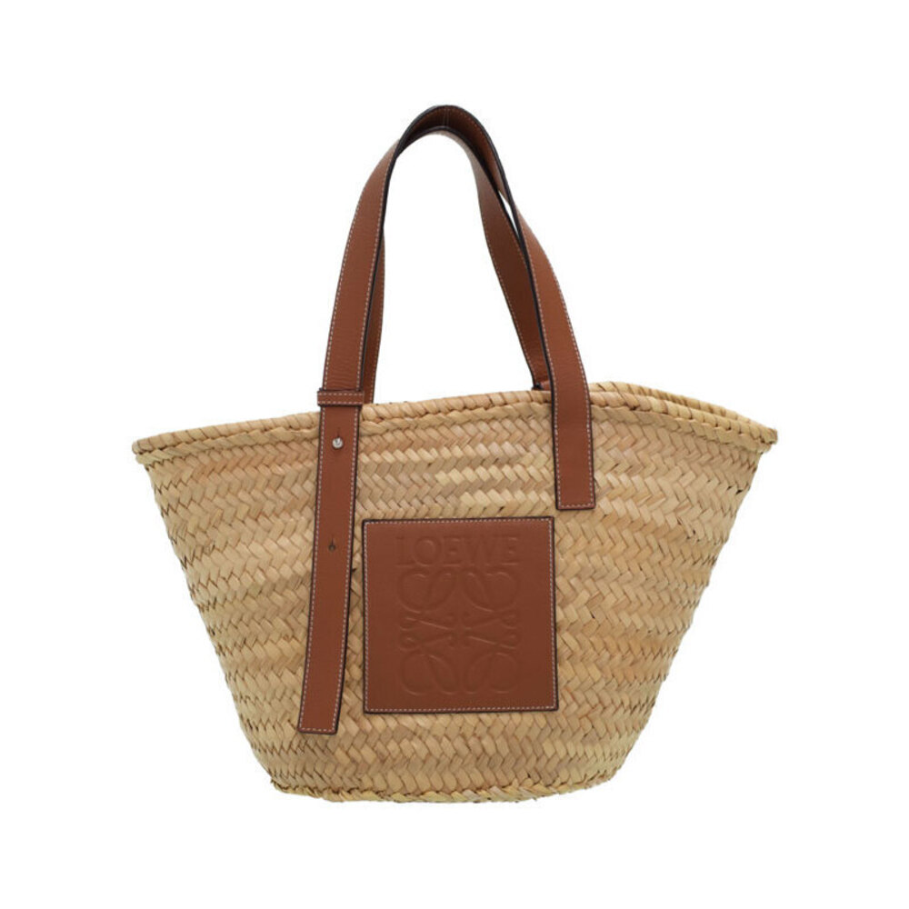 Loewe Paula Ibiza Basket Bag woven palm leaf calfskin leather anagram Tan